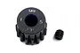 A black Yeah Racing 15T 32dp pinion gear with a small grub screw on a white background.