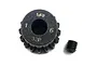 A black Yeah Racing 16T 32dp pinion gear with a matching grub screw on a white background.