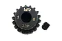 A black Yeah Racing 18T 32dp pinion gear with a grub screw, viewed from the front against a white background.