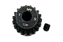 A black Yeah Racing 19T 32dp pinion gear with a small grub screw placed next to it on a white background.