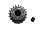 A Yeah Racing 20T 32dp pinion gear made of dark steel, shown with its accompanying grub screw on a white background.