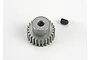 A silver metal pinion gear with a small black grub screw sitting on a white background.