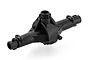 A black plastic RC car gear box case with integrated link mounts, shown from a high angle against a white background.
