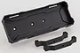 A black plastic RC battery tray and two matching mounting brackets on a white background.