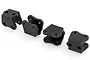 Four black plastic RC shock mount components arranged on a white background.