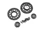 Traxxas TRX-6 Mercedes-Benz G 63 AMG black wheel centre caps and hardware set including two wheel hubs, two centre caps with logos, and ten screws.