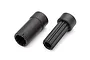 Two black splined drive shaft components for a Traxxas RC vehicle against a white background.