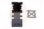 Traxxas rear plastic skid plate in black with a separate stainless steel reinforcement plate on a white background.