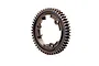 A dark grey steel 50T 1Mod wide face spur gear for Traxxas RC vehicles, shown in a studio setting.