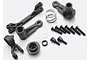 Traxxas 4945 servo saver set including black plastic bellcranks, steering arms, metal spring, screws, and small washers on a white background.