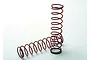 Two red metal coil springs for RC car shock absorbers, one standing vertically and one lying horizontally on a white background.