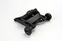 A black Traxxas wheelie bar assembly for RC vehicles, featuring two small wheels and a molded plastic frame with the Traxxas logo.