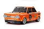 A 1/10 scale Tamiya M-05 NSU TT Jagermeister RC touring car model, featuring a bright orange body with classic Jagermeister racing decals and number 71.