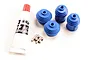 Traxxas CV drive shaft rebuild kit components including three blue rubber boots, a tube of grease, and small metal pins on a white background.
