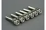A set of six silver-colored metal cap head screws with washers arranged in a diagonal row on a grey surface.