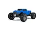 A studio shot of a blue ARRMA Big Rock 4x4 3S BLX RC monster truck on a white background.