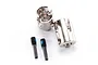 Two silver metal CV drive cups and two black grub-pin screws with blue thread locker on a white background.