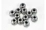 A collection of twelve silver-coloured metal nyloc nuts with blue nylon inserts arranged on a white background.