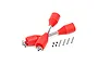Two Rovan 9mm RC drive shafts with red rubber boots, four small metal pins, and four grub screws on a white background.