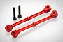 Two red anodized aluminium RC shock tower braces and two black steel socket head screws on a white background.