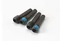 Four black metal grub screws with blue thread locker on the threaded sections, arranged on a white background.