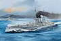 A painting of the SMS Viribus Unitis battleship at sea with another ship in the background under a cloudy sky.