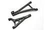 Two black plastic RC suspension arms, one upper and one lower, isolated on a white background.