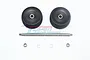 GPM Racing wheelie bar rebuild kit featuring two black wheels, a metal axle, two nuts, and two washers on a white background.