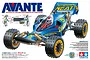 Tamiya 2011 Avante 1/10 scale 4WD RC buggy kit box art showing a blue off-road racer with yellow wheels and technical diagrams.