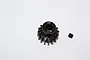 A black GPM Racing 16T 1Mod pinion gear with a small grub screw on a white background.