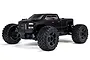 Studio shot of an ARRMA Big Rock 4X4 BLX 3S V3 RC monster truck in matte black, featuring large off-road tires and a detailed pickup truck body.