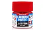 A 10ml glass jar of Tamiya LP-79 Flat Red lacquer paint with a red plastic screw-top lid, set against a white background.