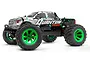 Maverick Quantum MT Flux 1/10 scale RC monster truck in silver and black with green splatter paint and bright green wheels.