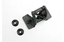 Traxxas black plastic wing mount and two matching wing washers on a white background.