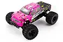 Maverick Quantum MT 1/10 scale RC monster truck in pink and black paint scheme with yellow splatter pattern on a white background.