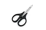 A pair of Yeah Racing curved lexan hobby scissors with black plastic handles and silver metal blades against a white background.