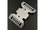 A stainless steel centre skid plate for an RC crawler, featuring a brushed metal finish and laser-etched Yeah Racing logo.