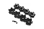A set of eight black aluminium 17mm wheel hexes by Yeah Racing with four small grub screws on a white background.