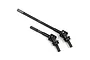 Two black steel universal drive shafts for an RC car, featuring the Yeah Racing logo laser-etched on the shafts.