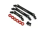 Yeah Racing HD steel drive shaft set for TRX-6, including three black shafts, six red anodized spacers, and small screws on a white background.
