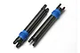Two Traxxas splined half shafts with blue rubber dust boots on a white background.