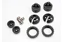 Traxxas GTR shock parts including caps, spring retainers, threaded collars, and pivot balls on a white background.