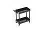 A 1/10 scale black metal two-tiered rolling workshop cart with a handle and four small caster wheels, shown against a plain white background.