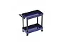 A blue 1/10 scale metal two-tiered rolling workshop cart with black support pillars and small caster wheels, isolated on a white background.