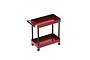 A red 1/10 scale metal two-tiered rolling workshop cart with black support pillars and small caster wheels on a white background.