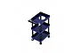 A blue 1/10 scale metal three-tiered rolling workshop cart with black support pillars and small caster wheels.