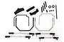 Traxxas Revo sway bar kit including metal sway bars, plastic mounts, adjustable linkages, screws, and a drill bit on a white background.