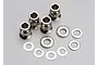 A set of four metal ball ends and several flat washers arranged on a plain white background.