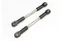 Two silver aluminium turnbuckles with black plastic rod ends on a white background.