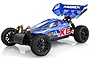 Maverick Strada XB 1/10 scale 4WD electric RC buggy in blue with black wheels and a large rear wing, shown from a front three-quarter angle.